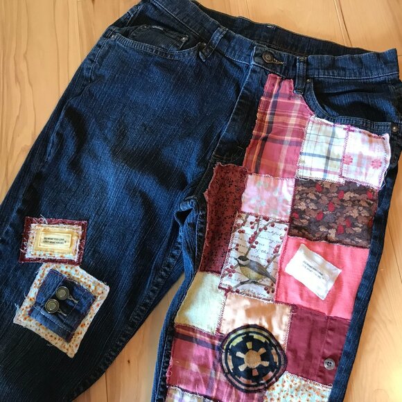 Boho Patch Jeans, Size 12: Upcycled Distressed Hippie Pants, Artisan Patchwork - Picture 4 of 12